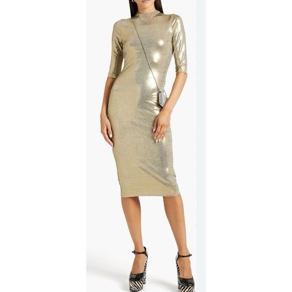 Alice + Olivia Delora Mock Neck Gold Fitted Midi Dress Size 4 Like New - Picture 14 of 14
